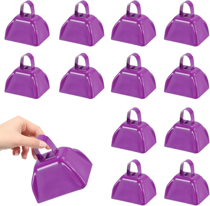 HEYLEAYAR 3Inch Cowbells for Sporting Events,12Pcs Metal Cow Bells Bulk Loud Noise Makers Cow Bell with Handle for Cheering Football Games Spirit Marathon Weddings Party Noisemakers, Purple - Image 1